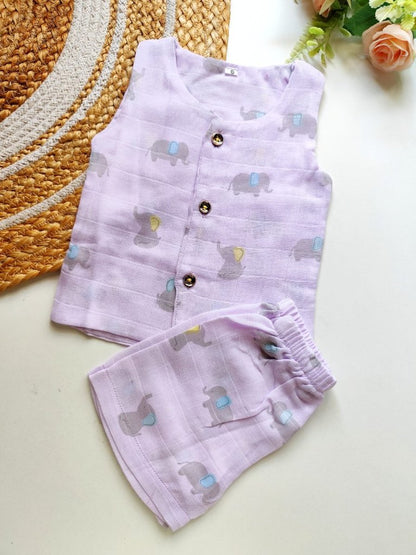 Double Layered Sleeveless Muslin Co ord- Lilac Elephant