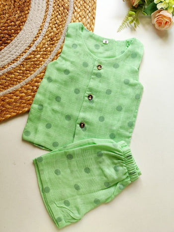 Double Layered Sleeveless Muslin Co ord- Mint Green Polka Dots