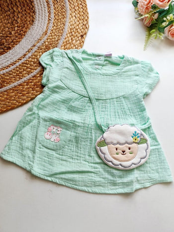 Muslin Frocks - Mint Green with Lamb Pouch