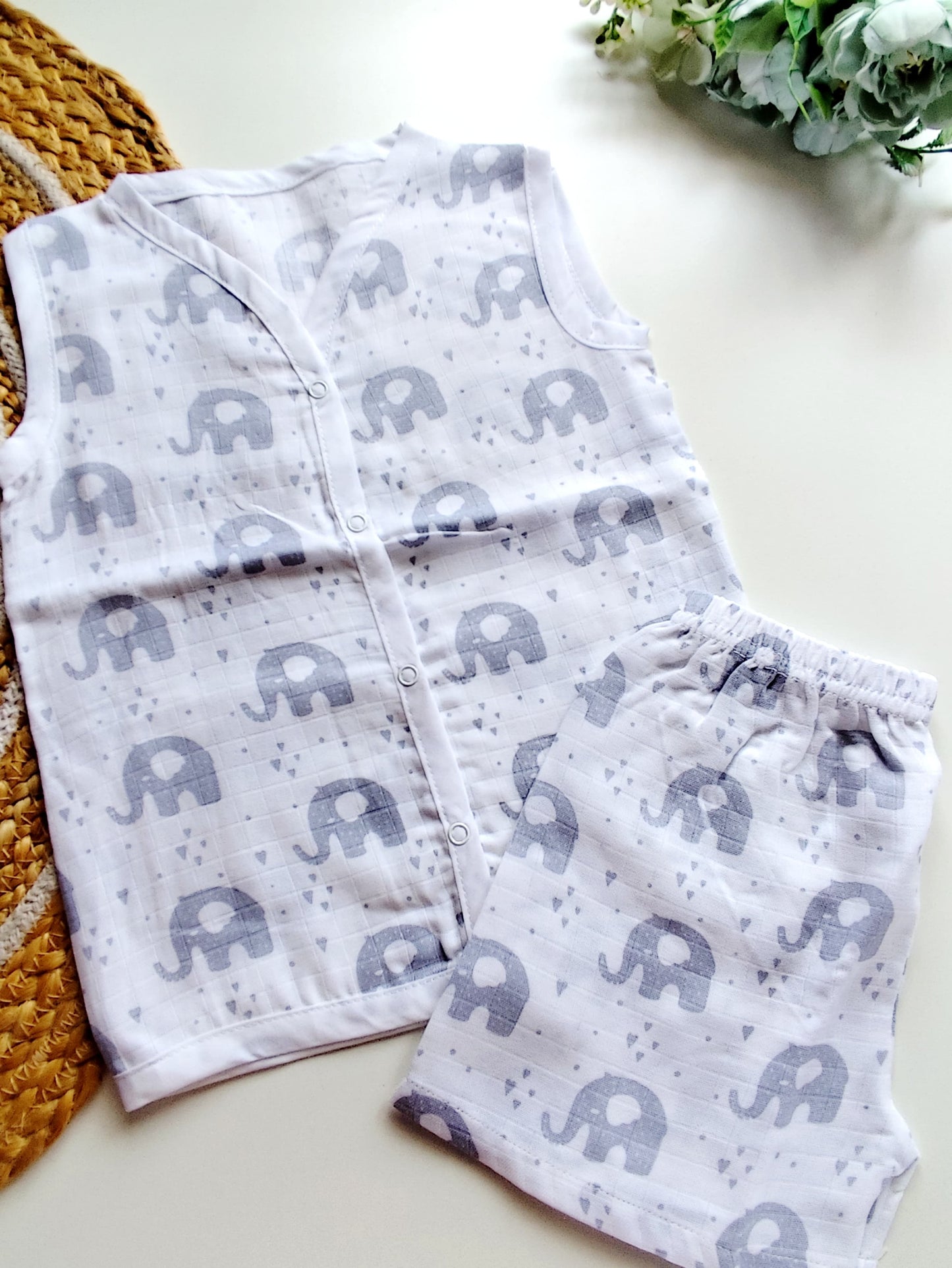 Muslin Sleeveless Co Ord - Elephants and Hearts