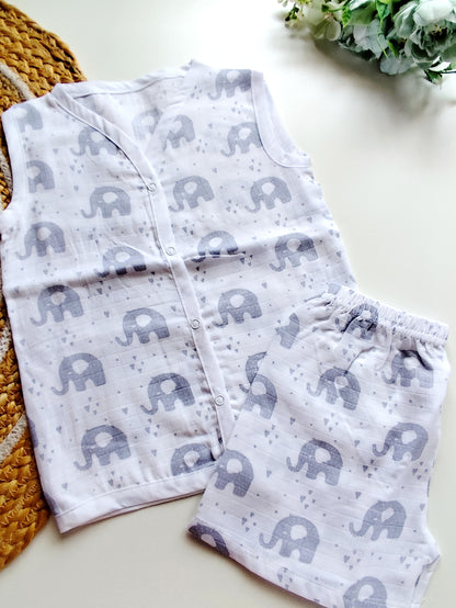 Muslin Sleeveless Co Ord - Elephants and Hearts