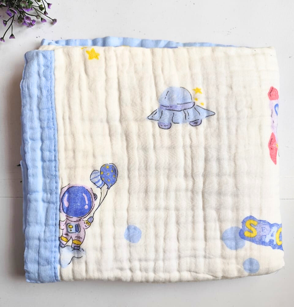 White Muslin Crinkled 6 Layered Blankets (110*110 cm) - Spaceship Print image