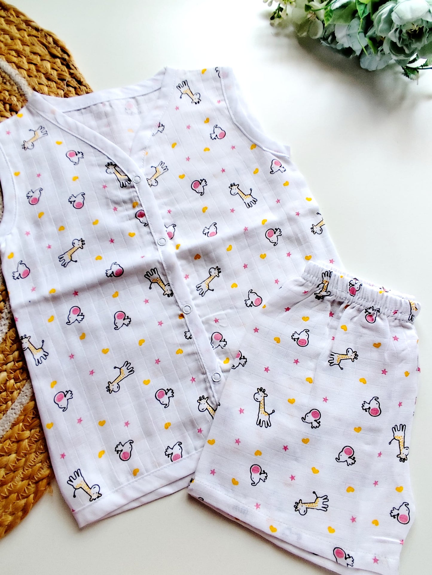 Muslin Sleeveless Co Ord - Giraffe & Elephant