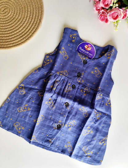 Muslin Hip Cut Frock - Navy Blue Bear