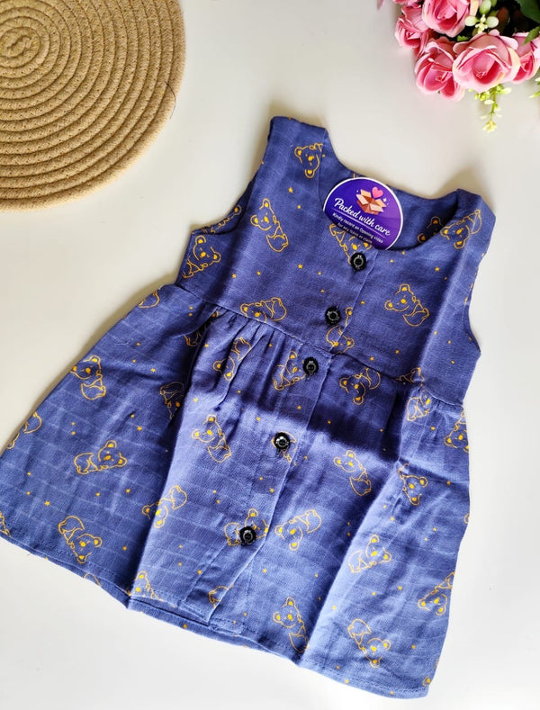 Muslin Hip Cut Frock - Navy Blue Bear
