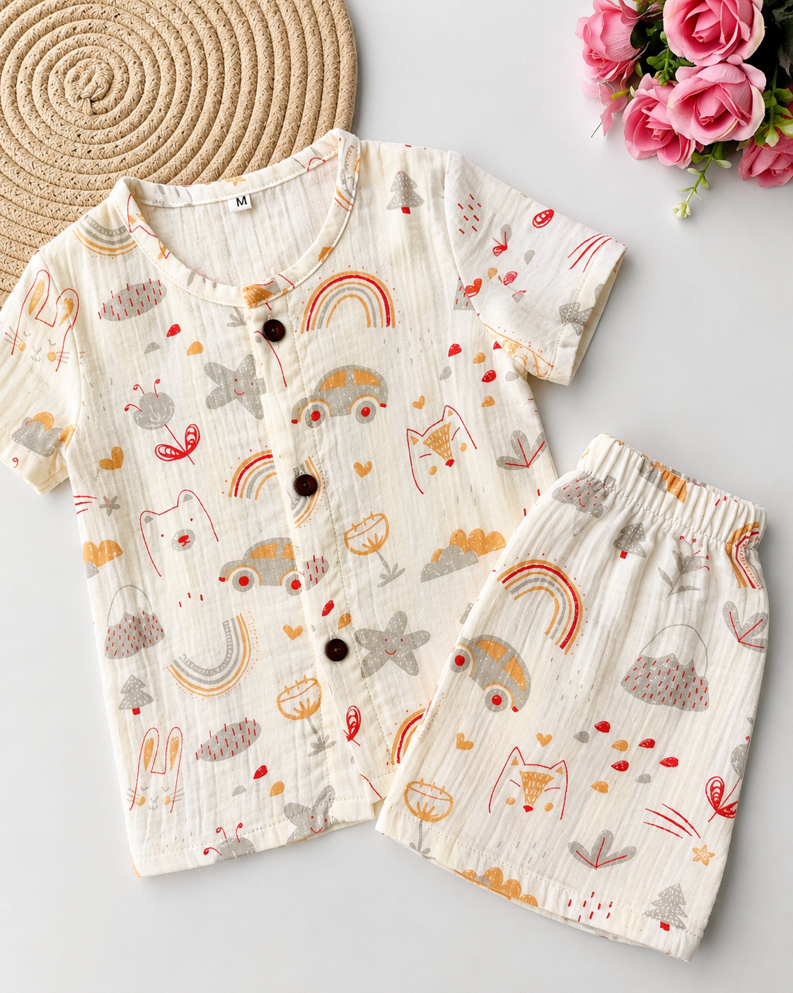 Muslin Half Sleeve Co Ord Set - Rainbow