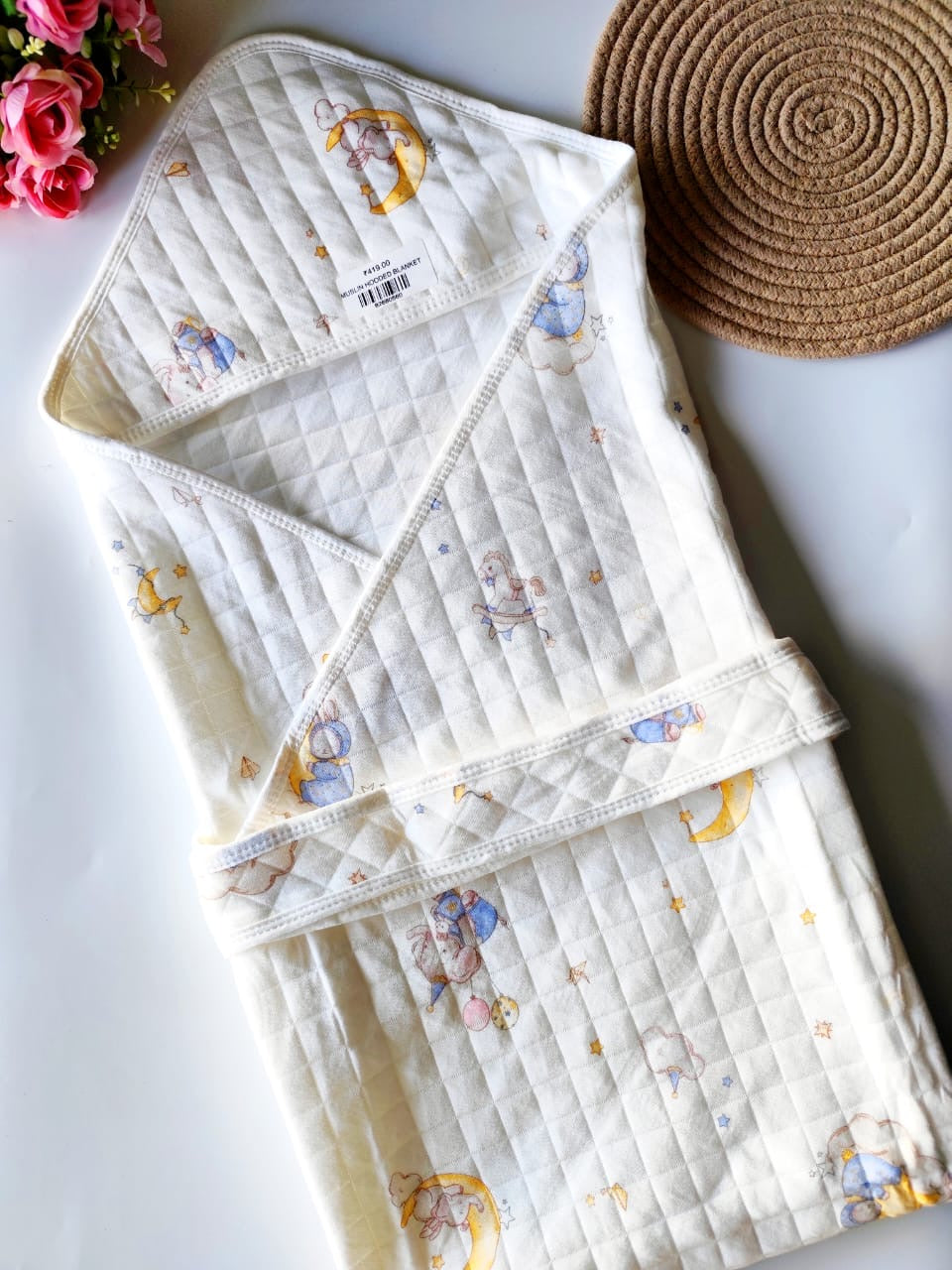White Quilted Muslin Printed Blanket/Hooded Wrapper - Random Print
