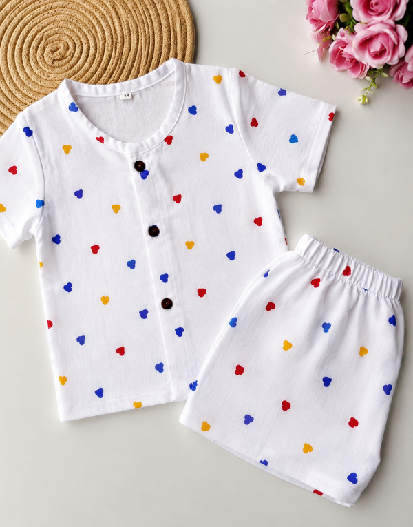 Muslin Half Sleeve Co Ord Set - Color Hearts