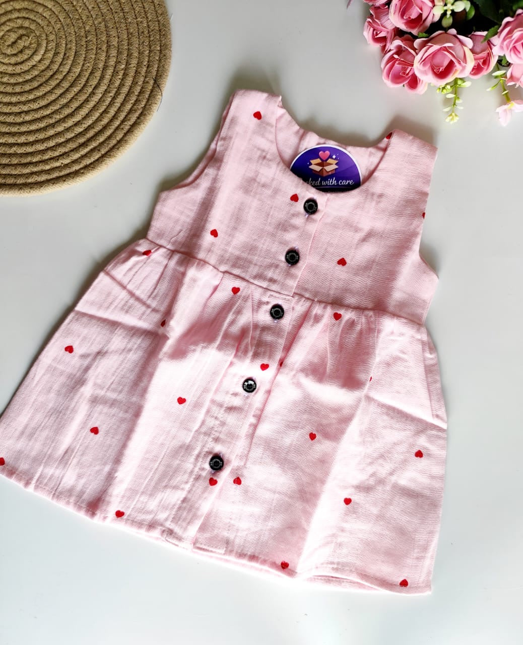 Muslin Hip Cut Frock - Pink Hearts