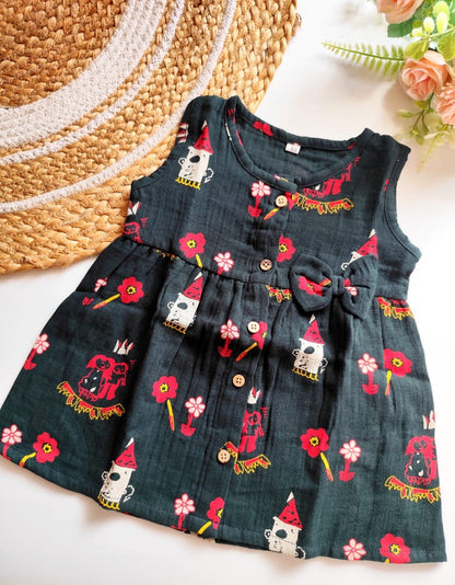 Muslin Hip Cut Frock - Dark Green