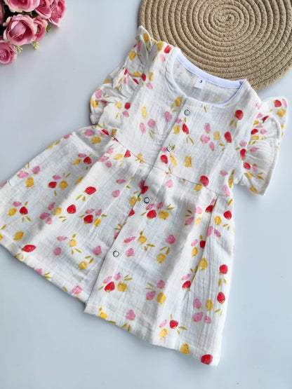 Muslin Frill Sleeve Frock - White Floral