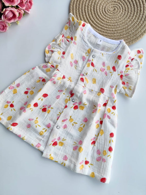 Muslin Frill Sleeve Frock - White Floral