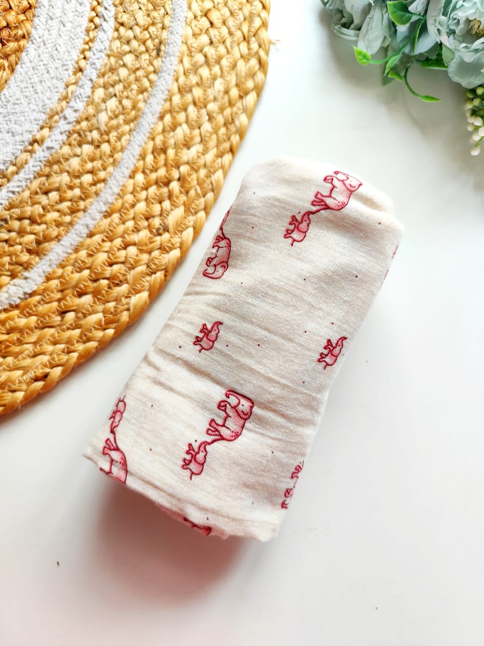 Muslin Bath Towels - Red Elephant Print