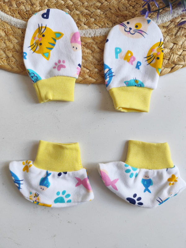Cotton Mittens & Booties - Cat Print