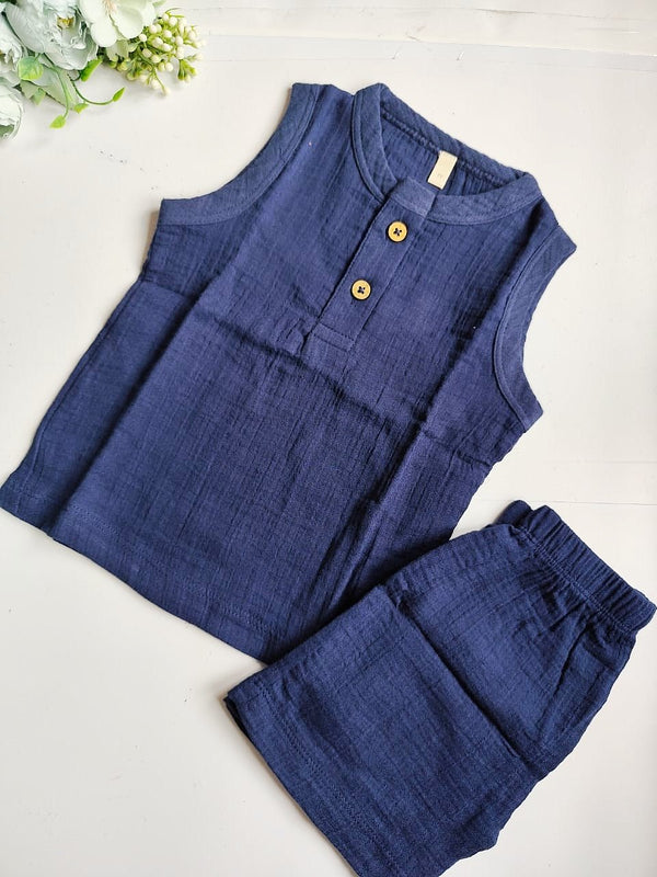 Muslin Unisex Sleeveless Co Ord Set - Navy Blue image 0
