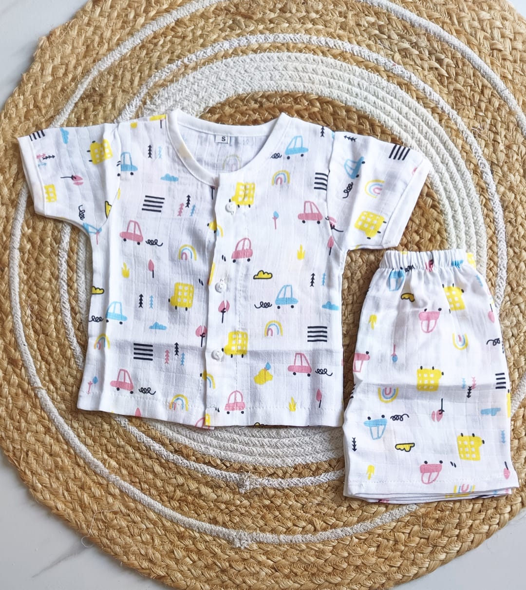 Muslin Half Sleeve Jabla Set - Vehicles Print - 6 - 9 M image