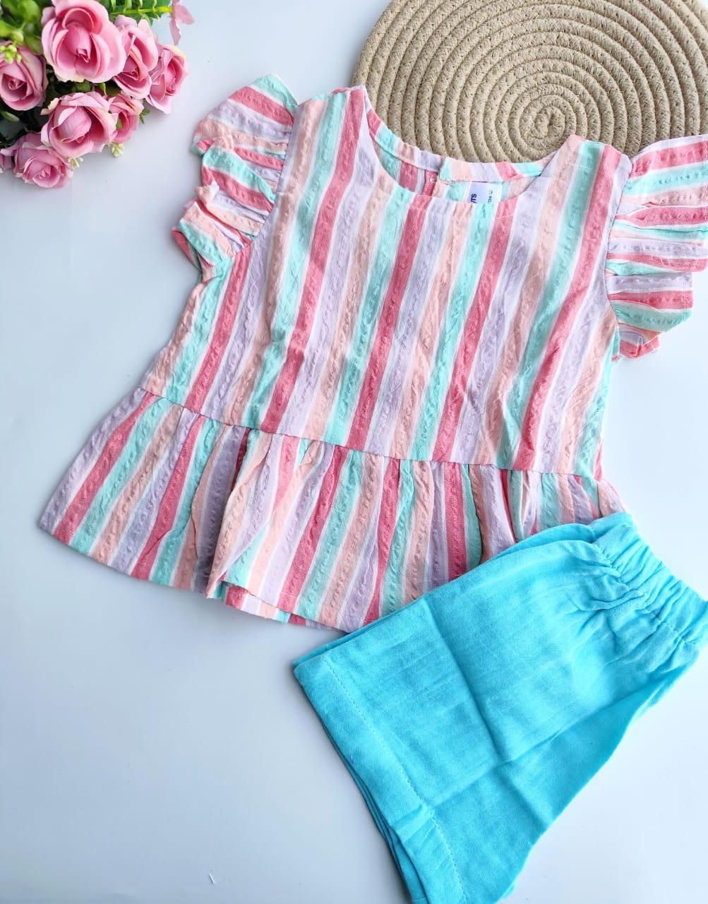 Muslin Girls Top & Bottom Set - Striped Pink