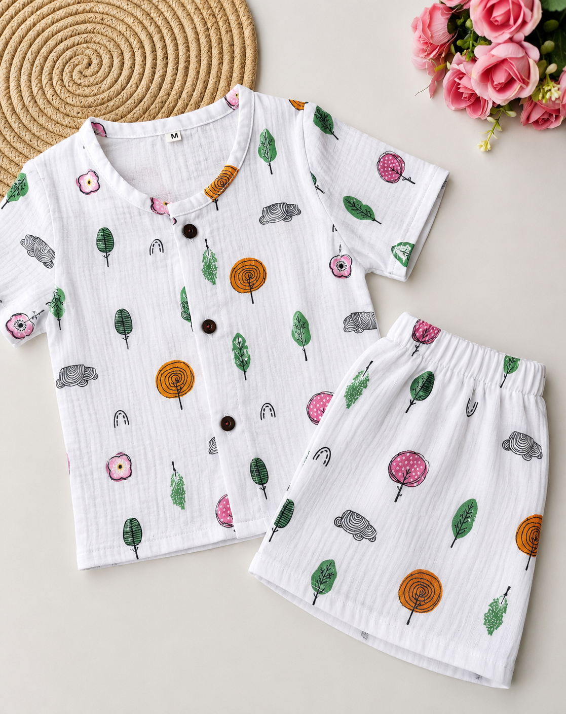 Muslin Half Sleeve Co Ord Set - Trees