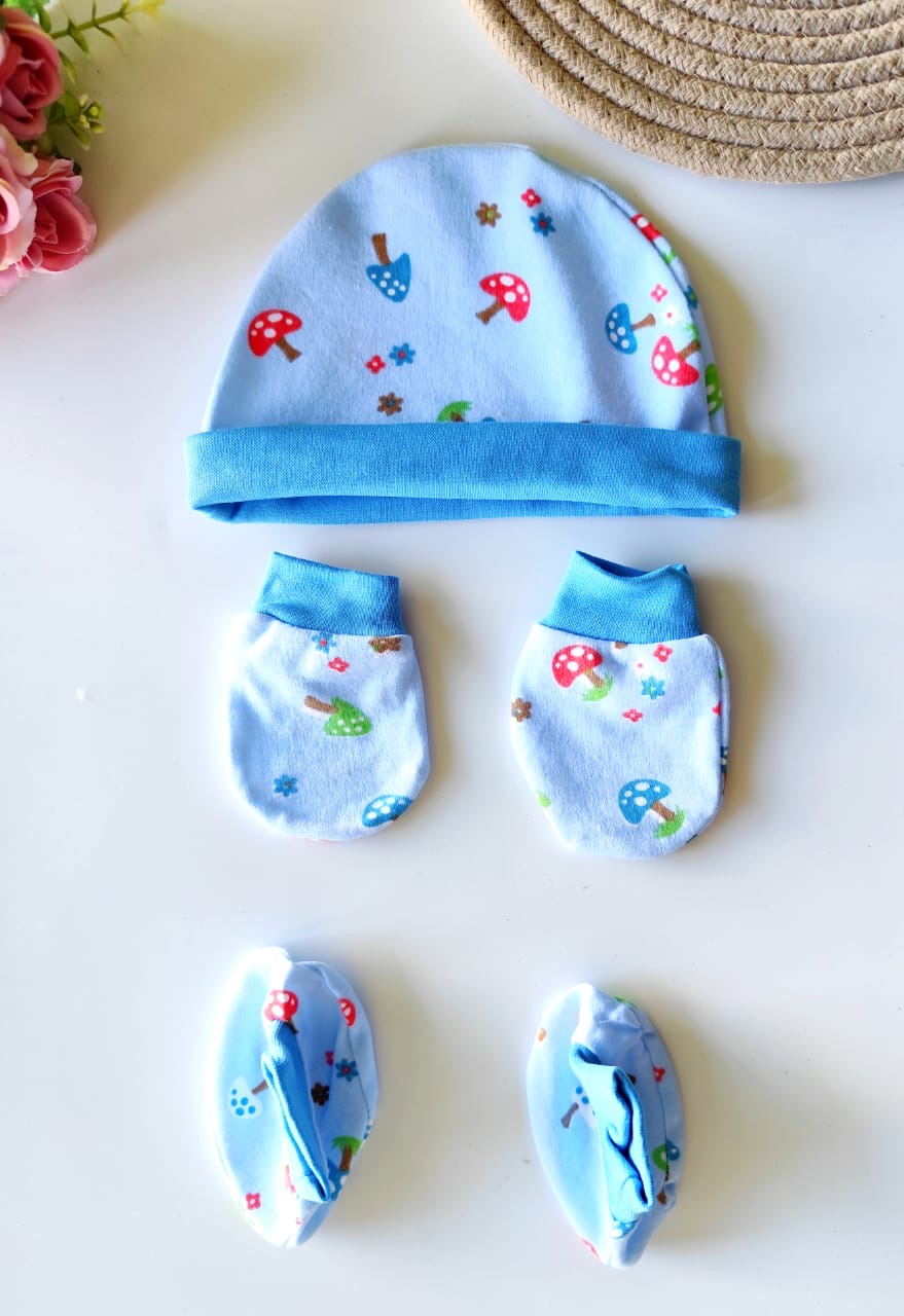 Cotton Cap, Mittens & Booties - Blue Mushroom