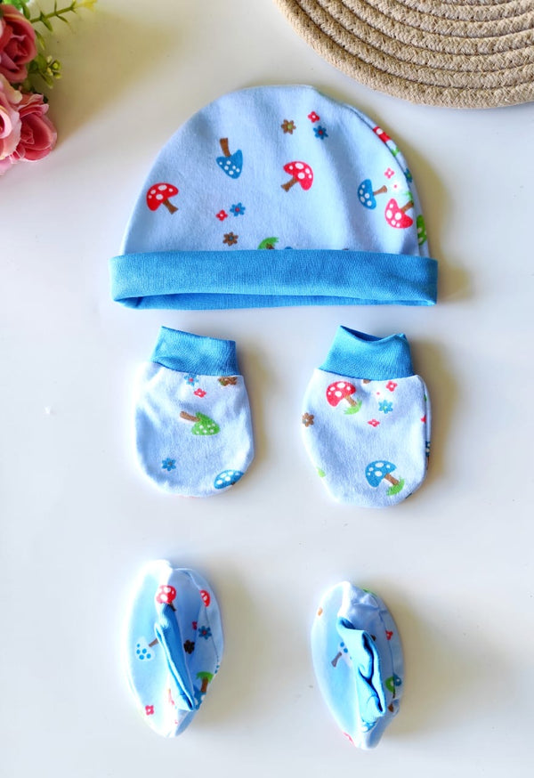 Cotton Cap, Mittens & Booties - Blue Mushroom