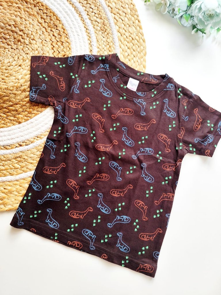 Kids Cotton tops - Dark Brown Dinosaur Print