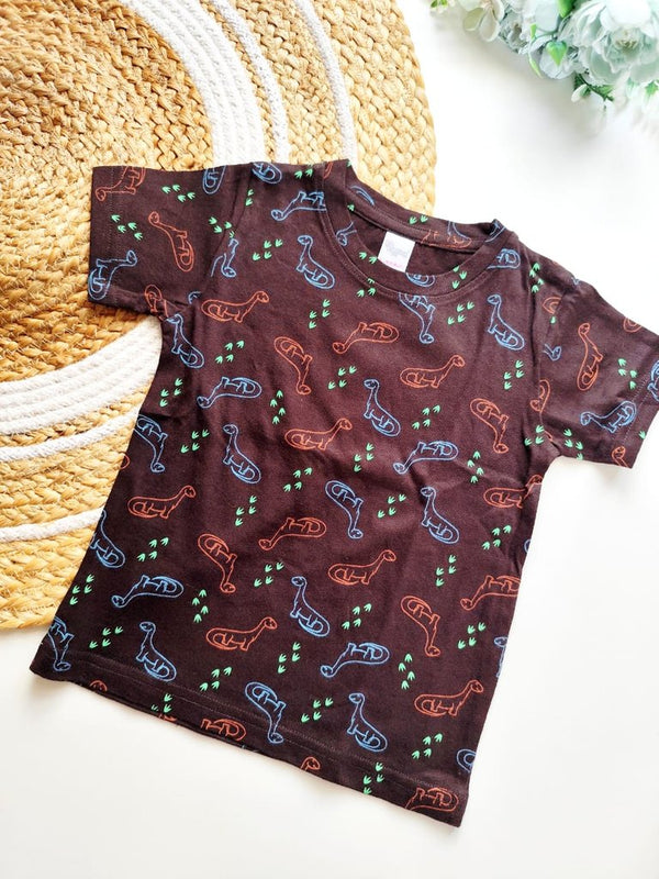 Kids Cotton tops - Dark Brown Dinosaur Print