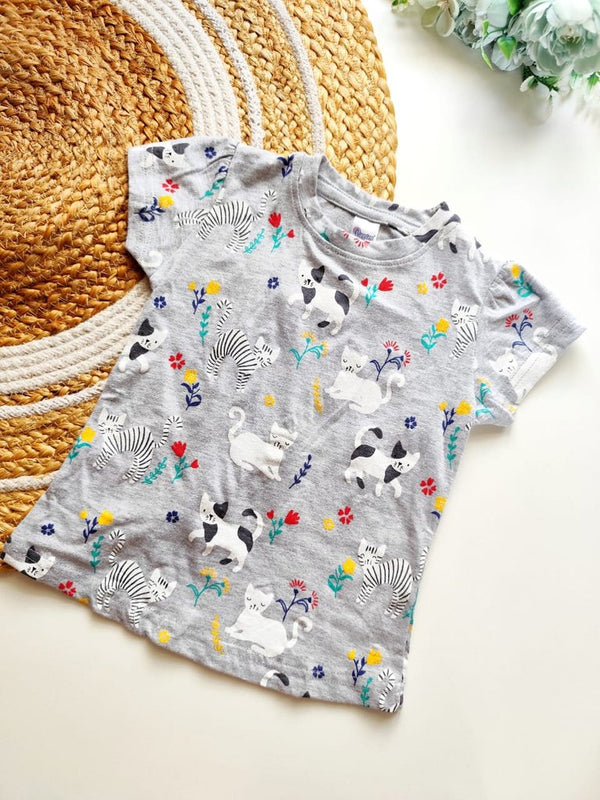Kids Cotton tops - Grey Multi-color Cats and Flowers Print