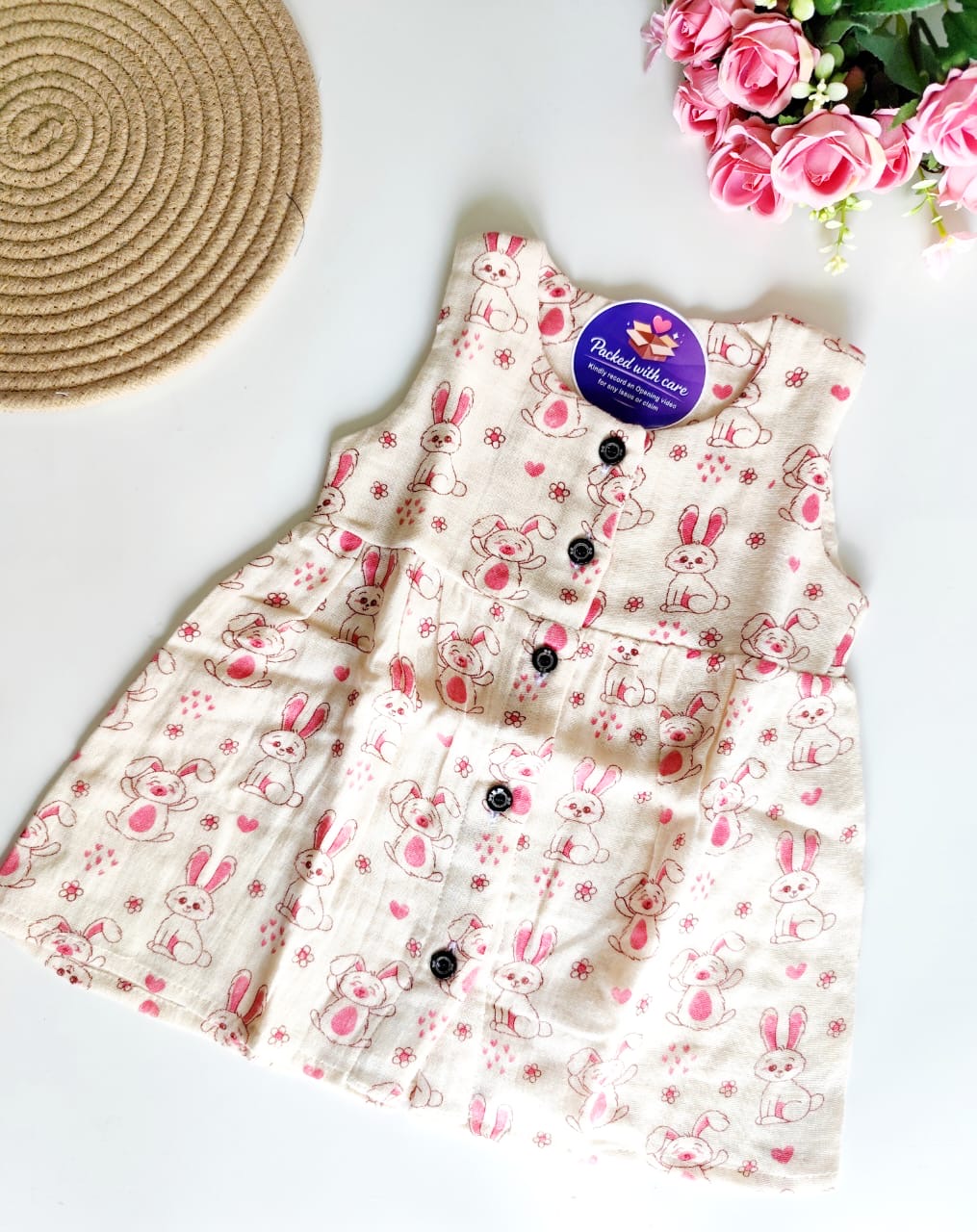 Muslin Hip Cut Frock - Pink Bunny