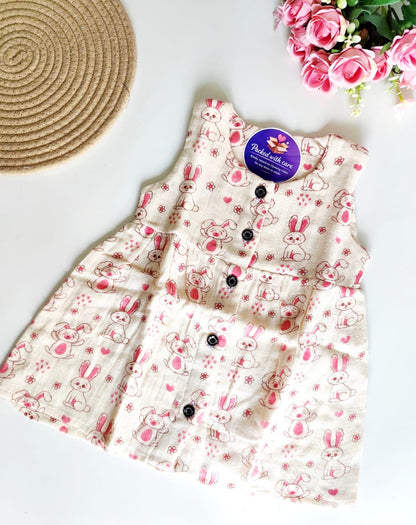Muslin Hip Cut Frock - Pink Bunny