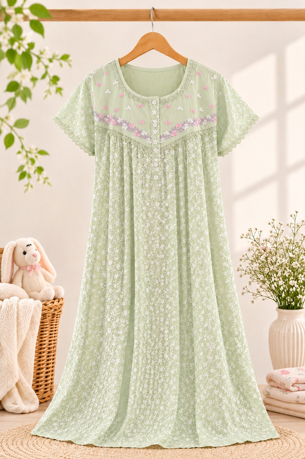 Chikankari Maternity/Feeding Nighty - Green