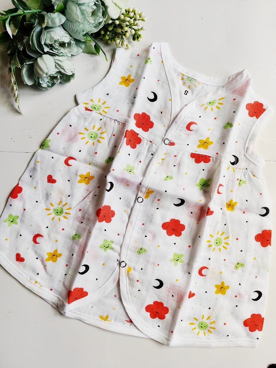 Muslin Chest Cut Frocks - Red Cloud Print, 0 - 3 M image