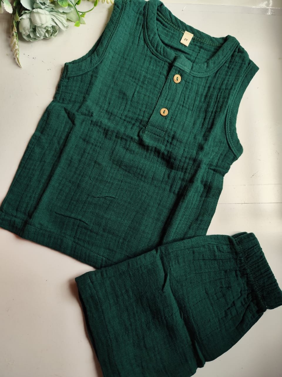 Muslin Unisex Sleeveless Co Ord Set - Forest Green image 0