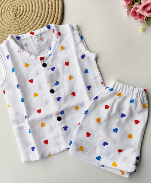 Muslin Sleeveless Co Ord Set - Color Hearts