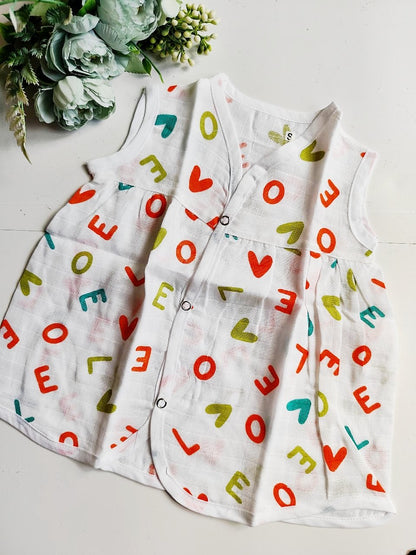 Muslin Chest Cut Frocks - Love Print, 0 - 3 M image