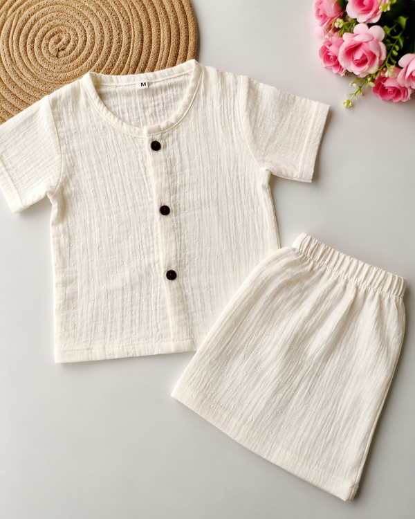 Muslin Half Sleeve Co Ord Set - Textured White