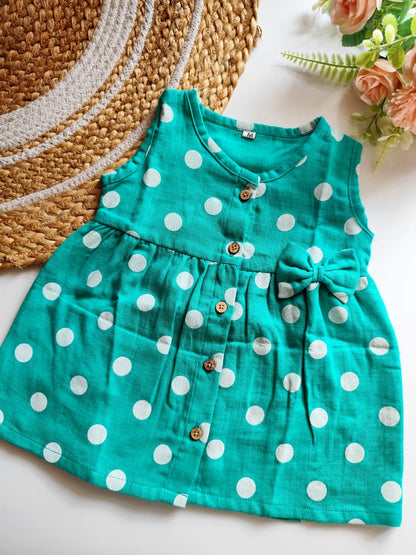 Muslin Hip Cut Frock - Green Polka