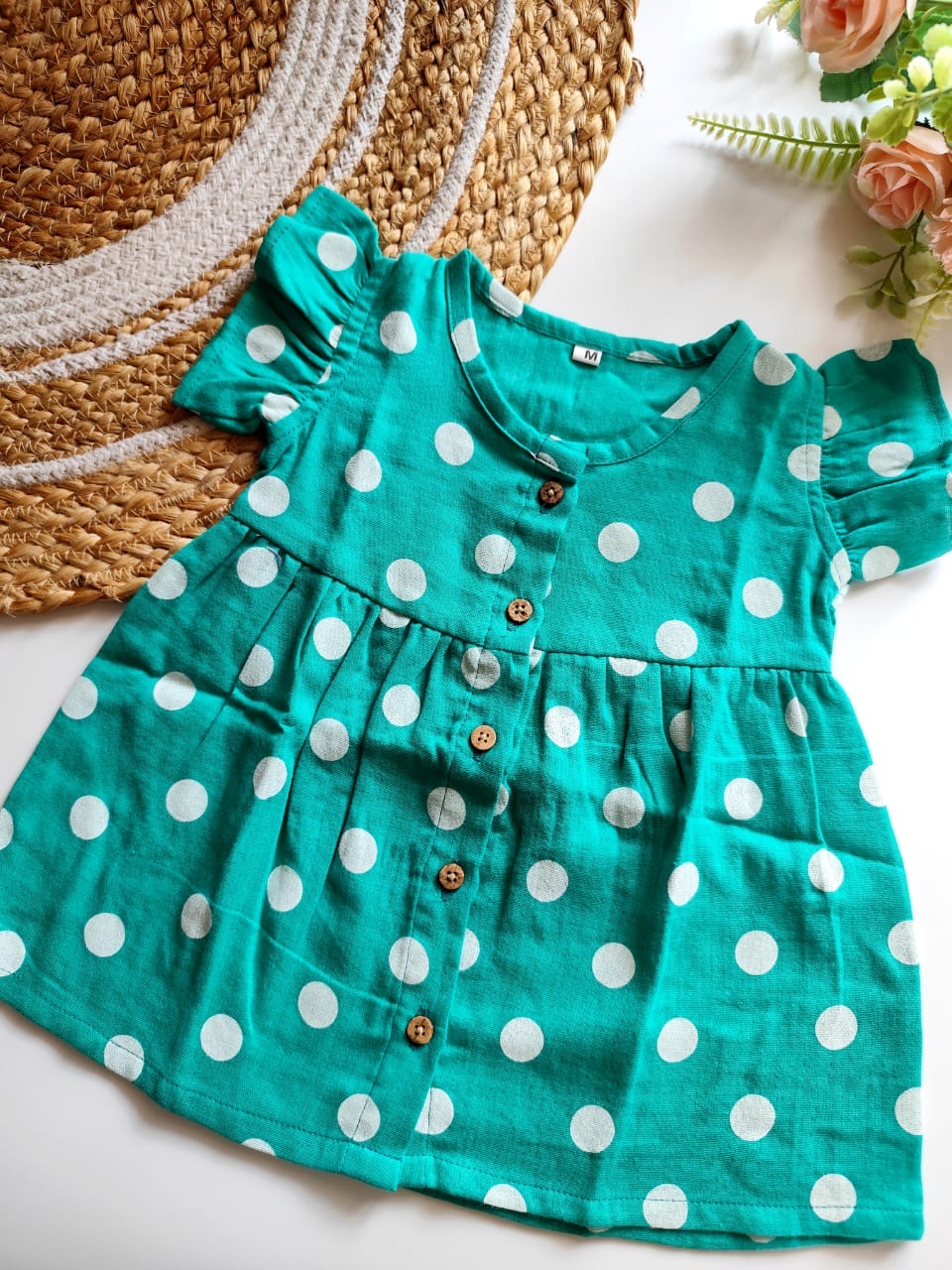 Muslin Frilled Sleeve Frock - Green Polka