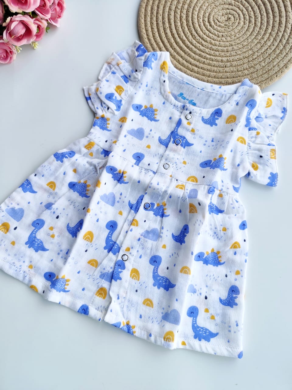 Muslin Frill Sleeve Frock - White Dino