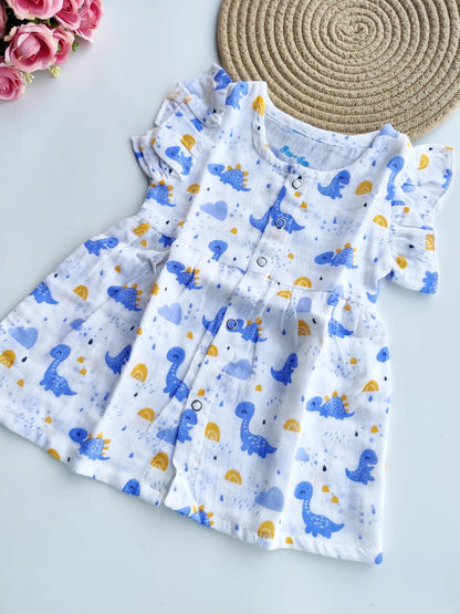 Muslin Frill Sleeve Frock - White Dino
