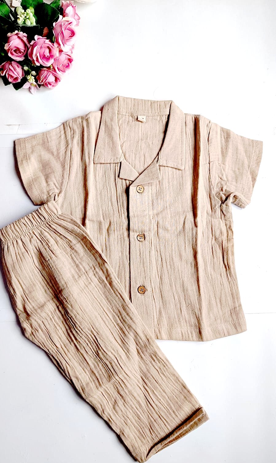 Crinkled Muslin Night Suit - Beige Shade (12 - 18 Months) image 0