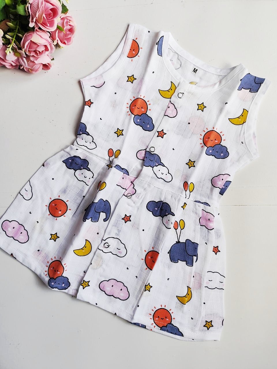 Muslin Hip Cut Frocks - Elephant Print, 3 - 6 M image