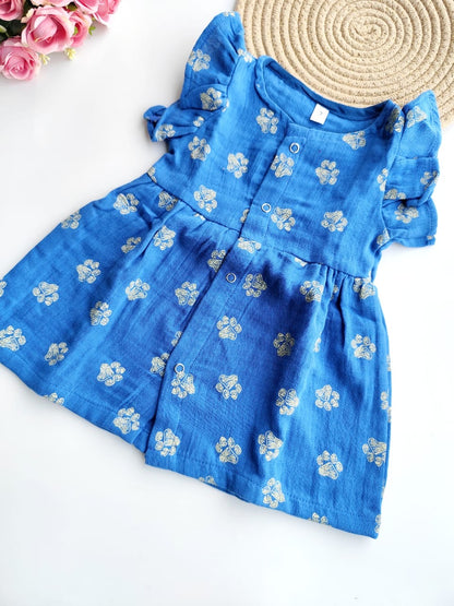 Muslin Frill Sleeve Frock - Blue Paw Print