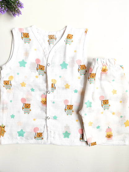 Muslin White Co-Ord Sets - Bear Print - 3 - 6 M image