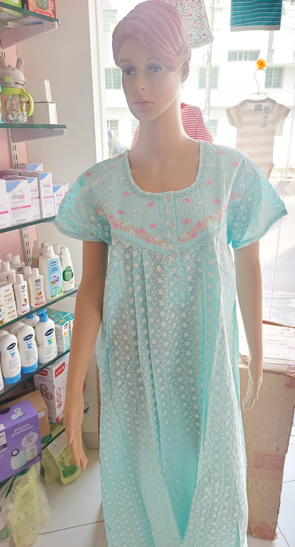 Chikankari Maternity/Feeding Nighty - Blue