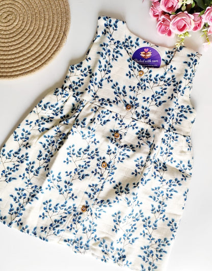 Muslin Hip Cut Frock - Blue Leaves