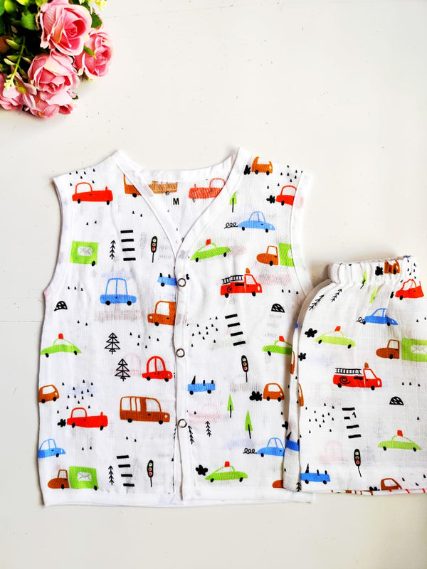 Muslin White Co-Ord Sets - Car Print