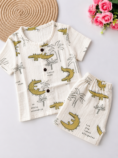 Cotton Half Sleeve Co Ord Set - Crocodile