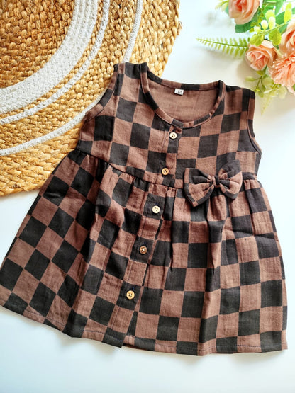 Cotton Hip Cut Frock - Brown Checks