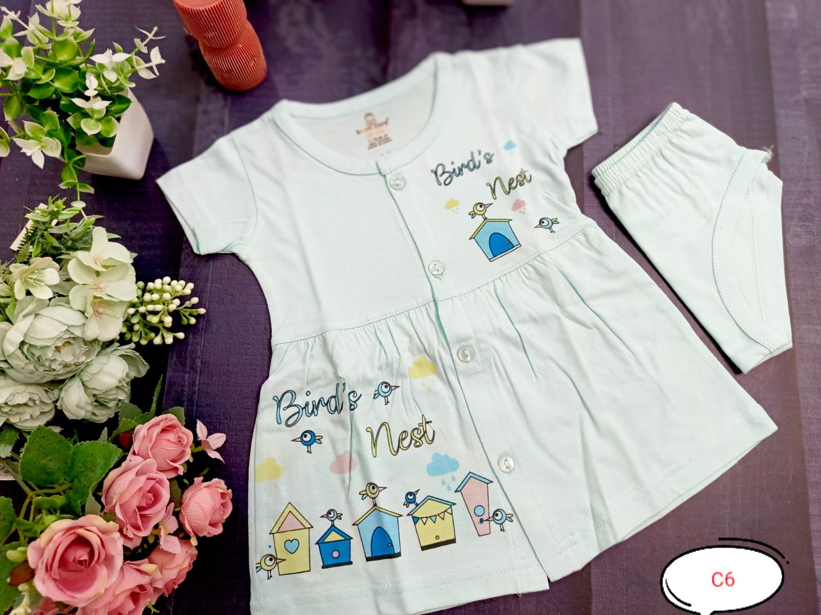 Cotton Frock - Bird's Nest Print - Blue, 12 - 18 M image