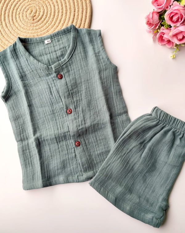 Muslin Sleeveless Co Ord Set - Ash Green